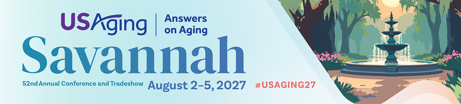�USAging Answers on Aging. 51st Annual Conference and Tradeshow. July 18�21, 2026, San Diego.� Includes images of San Diego waterfront, skyline, trolley, and Balboa Park fountain, with bright blue, orange, and green design accents on a dark blue background. Website link and hashtag shown: usagingconference.org and #USAging26.